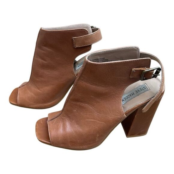 Steve Madden Brown Leather Peep-Toe Heel Booties Size 8.5 Slingback Classic - Picture 2 of 7